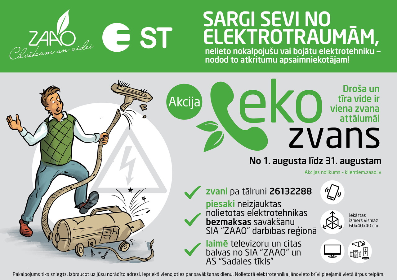 Akcijā “EKO ZVANS” aicina bez maksas nodot nolietotu elektrotehniku, vērš uzmanību uz elektrodrošību